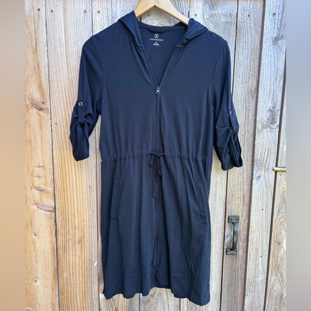 Land’s End Black Casual Knit Jersey Zipper Tie Waist Dress
